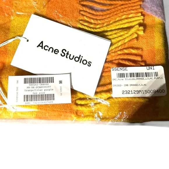 ACNE STUDIOS NWT Check Logo Fringed Wool Scarf in Orange/Lilac - Picture 6 of 6